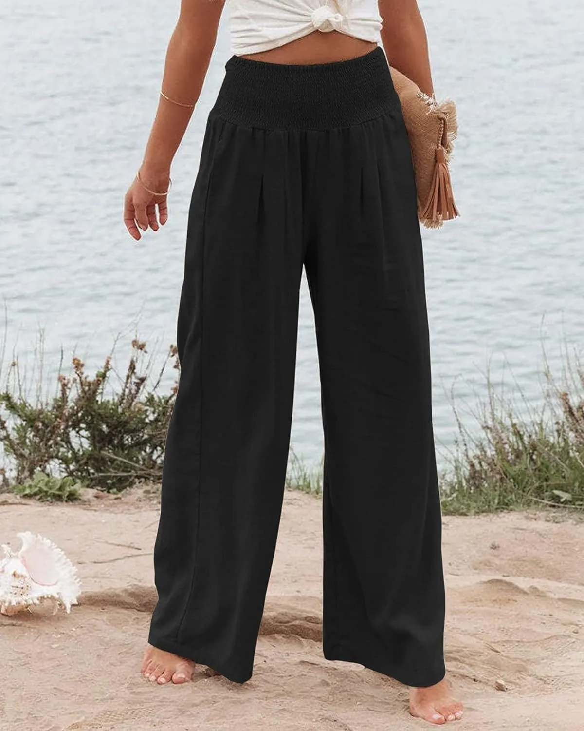 Women Linen Pants Elastic High Waist Wide Leg Palazzo Lounge Pants Casual Loose Beach Pants with Pockets