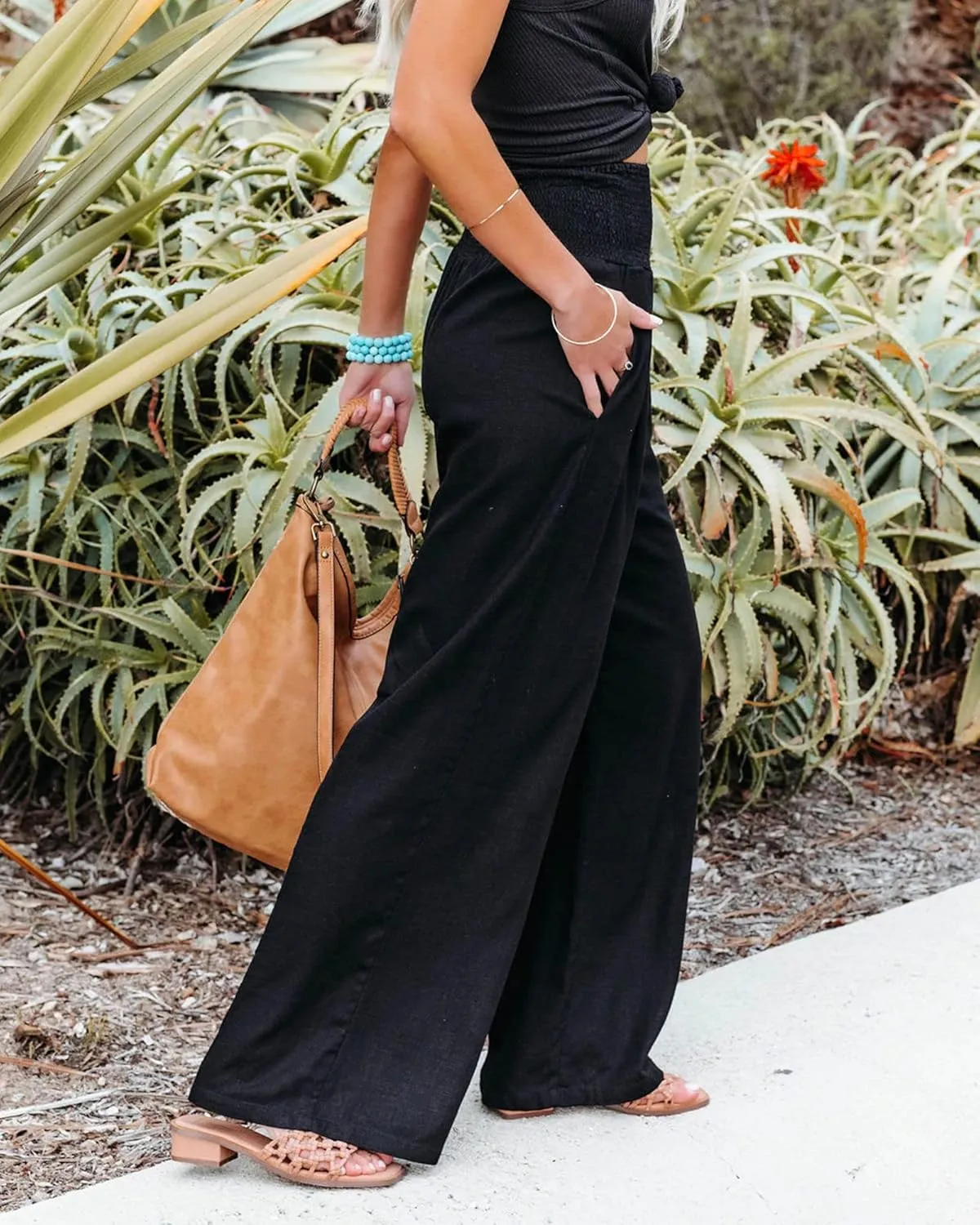 Women Linen Pants Elastic High Waist Wide Leg Palazzo Lounge Pants Casual Loose Beach Pants with Pockets