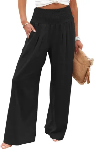 Women Linen Pants Elastic High Waist Wide Leg Palazzo Lounge Pants Casual Loose Beach Pants with Pockets