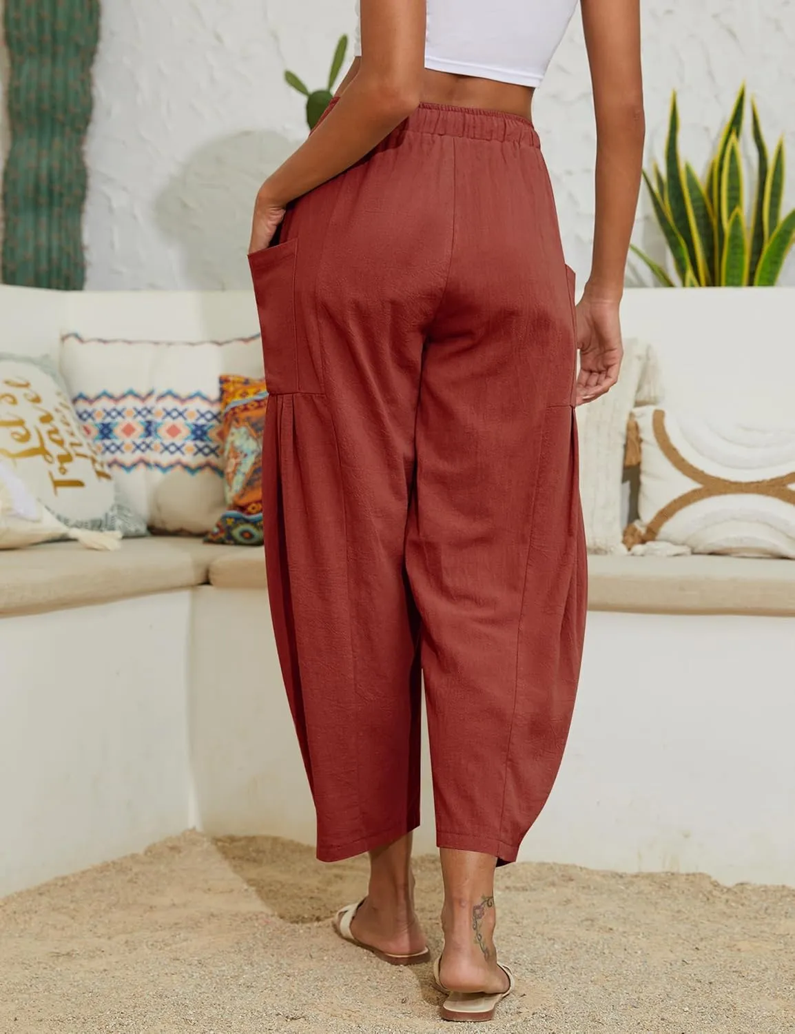 Women Linen Pants Wide Leg Boho Pants Loose Lightweigt Beach Palazzo Harem Pants with Pockets