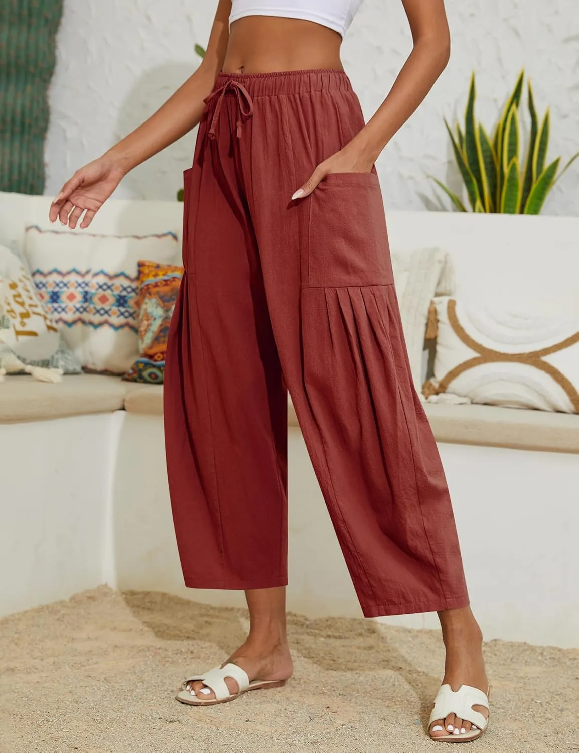 Women Linen Pants Wide Leg Boho Pants Loose Lightweigt Beach Palazzo Harem Pants with Pockets