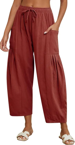 Women Linen Pants Wide Leg Boho Pants Loose Lightweigt Beach Palazzo Harem Pants with Pockets