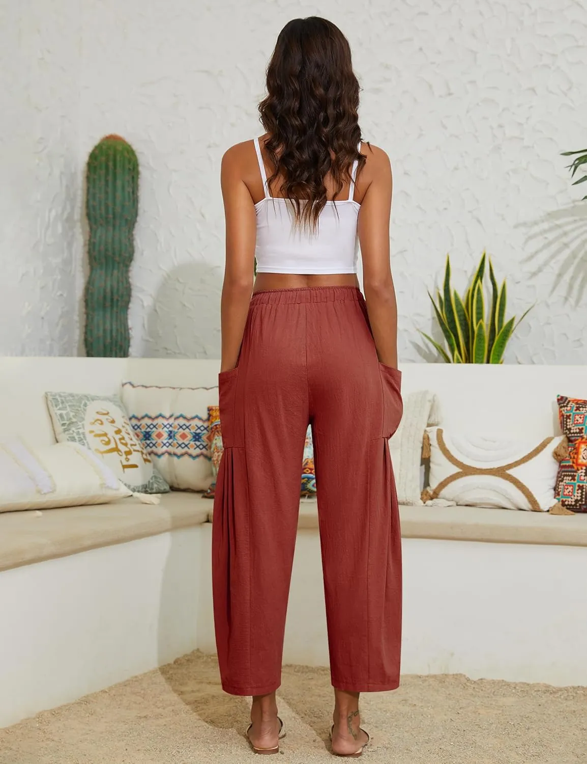 Women Linen Pants Wide Leg Boho Pants Loose Lightweigt Beach Palazzo Harem Pants with Pockets