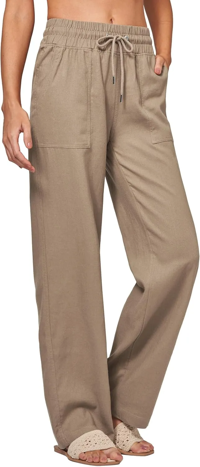Women Linen Pants Wide Leg Palazzo Pants Cotton Linen Drawstring Summer Pants with Pockets 29"/31"/ 33"