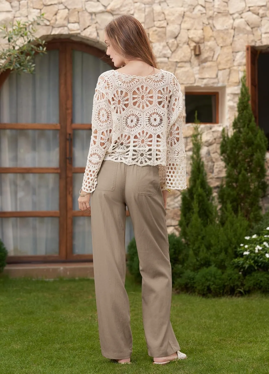 Women Linen Pants Wide Leg Palazzo Pants Cotton Linen Drawstring Summer Pants with Pockets 29"/31"/ 33"