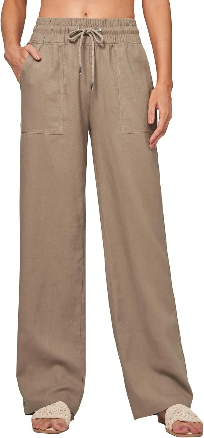 Women Linen Pants Wide Leg Palazzo Pants Cotton Linen Drawstring Summer Pants with Pockets 29"/31"/ 33"