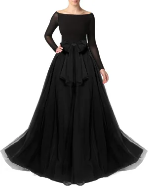Women Maxi Long Tulle Skirt Floor Length with Bowknot High Waisted for Wedding Party Dress