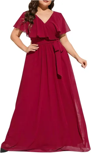 Women Plus Size Chiffon Formal Dress Ruffle Sleeves Shawl V-Neck A Line Maxi Evening Dresses Long Bridesmaid Dress