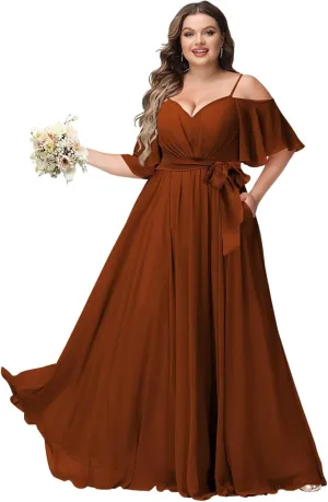 Women Plus Size Cold Shoulder Bridesmaid Dresses 2025 with Slit Chiffon Formal Party Dresses with Pockets DE52