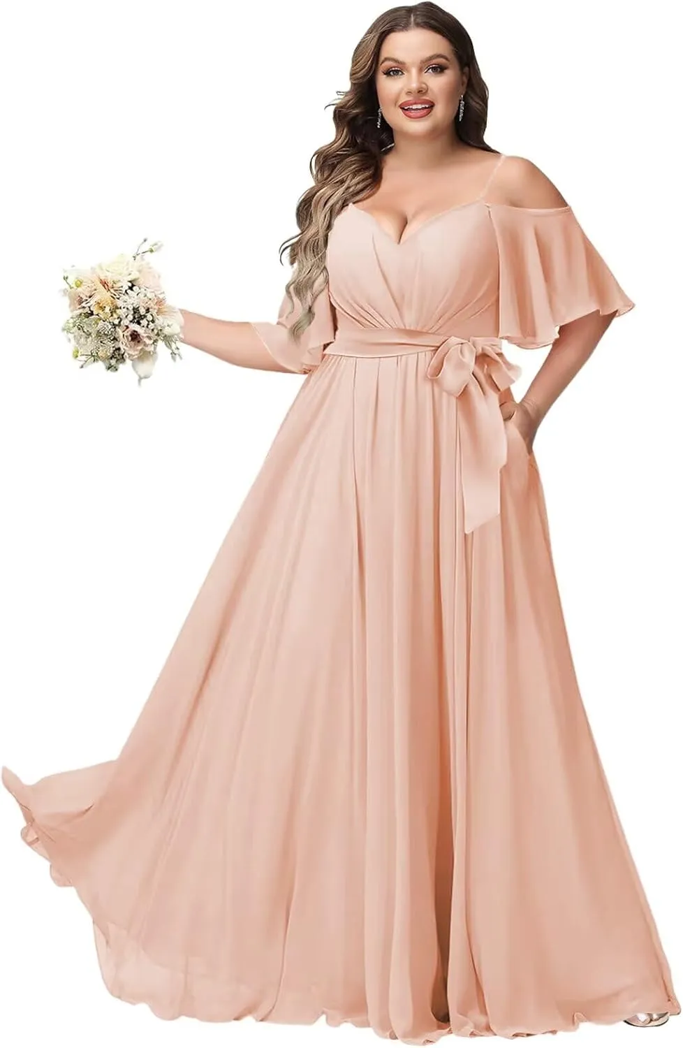 Women Plus Size Cold Shoulder Bridesmaid Dresses 2025 with Slit Chiffon Formal Party Dresses with Pockets DE52