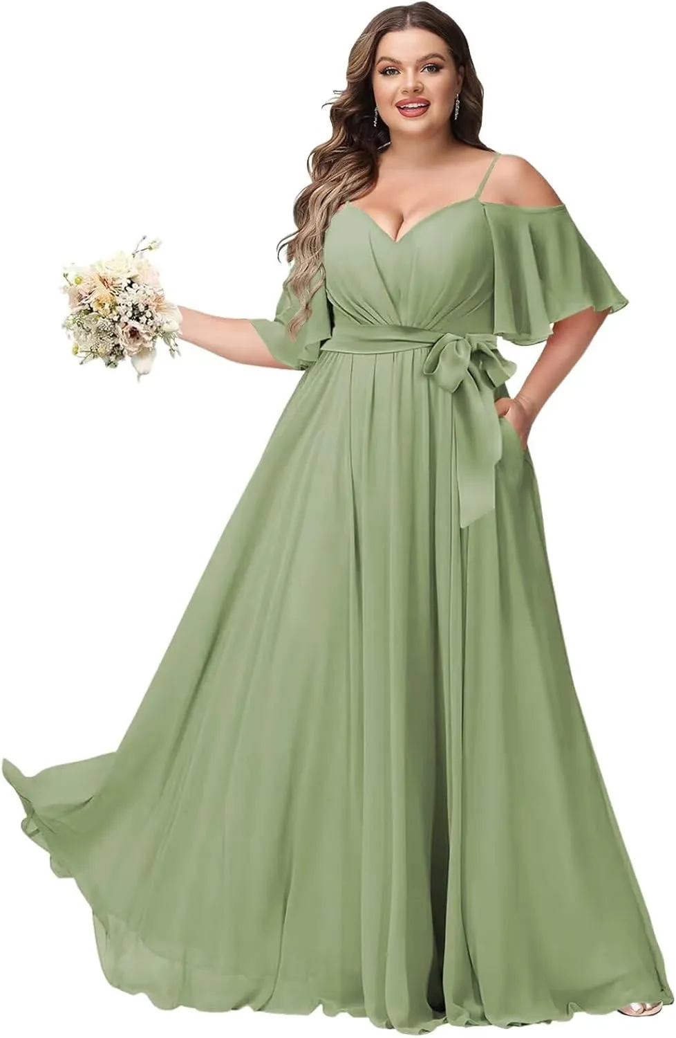 Women Plus Size Cold Shoulder Bridesmaid Dresses 2025 with Slit Chiffon Formal Party Dresses with Pockets DE52