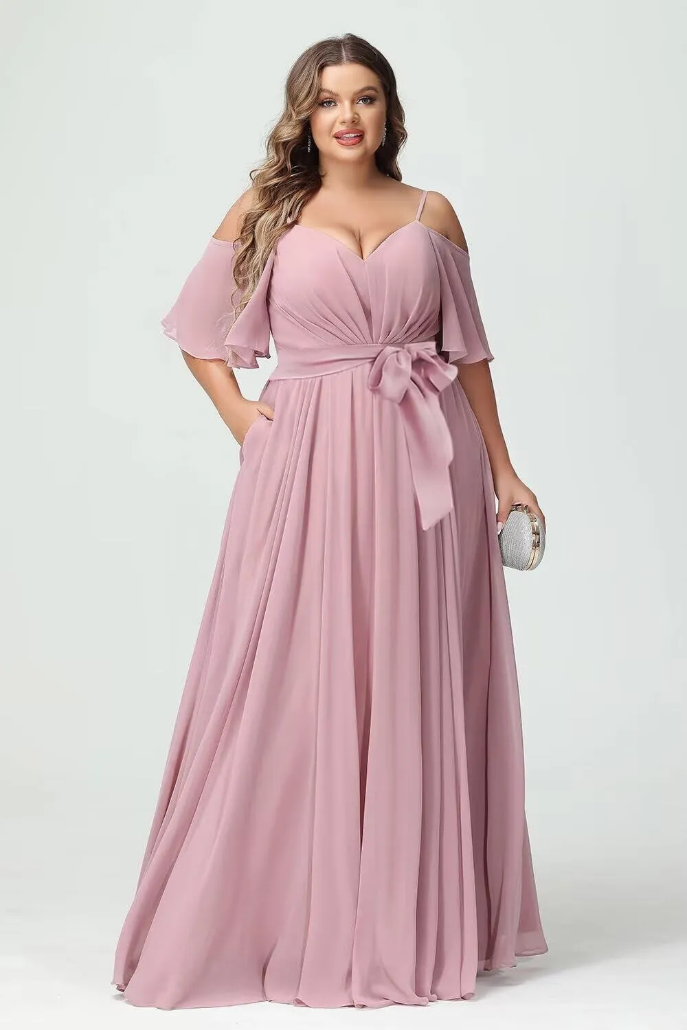 Women Plus Size Cold Shoulder Bridesmaid Dresses 2025 with Slit Chiffon Formal Party Dresses with Pockets DE52