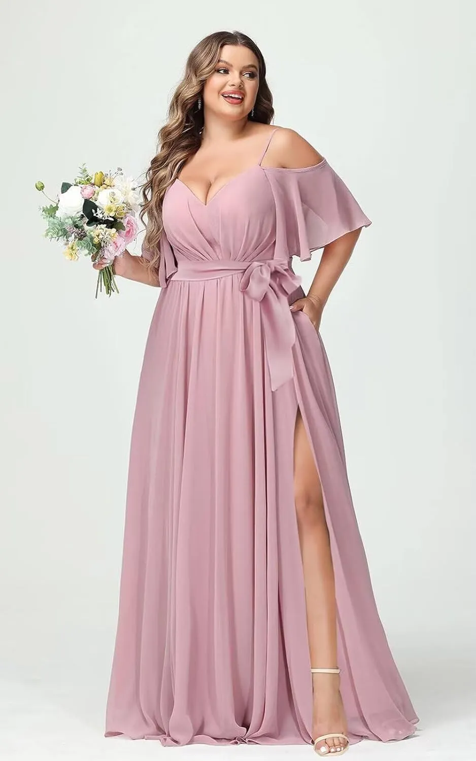 Women Plus Size Cold Shoulder Bridesmaid Dresses 2025 with Slit Chiffon Formal Party Dresses with Pockets DE52
