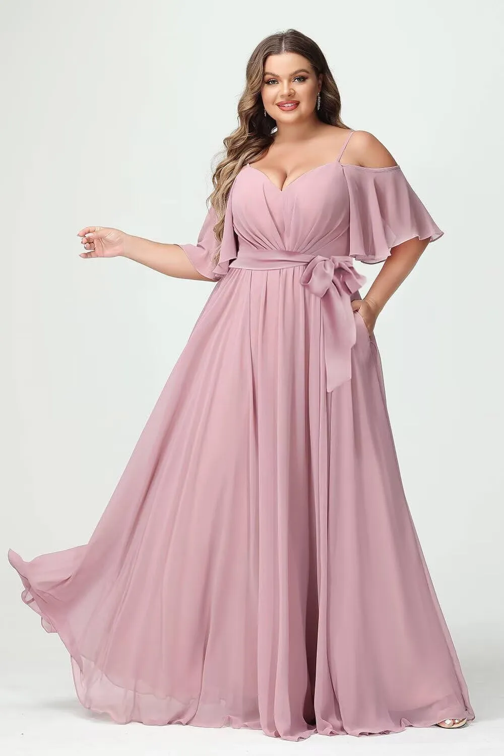 Women Plus Size Cold Shoulder Bridesmaid Dresses 2025 with Slit Chiffon Formal Party Dresses with Pockets DE52