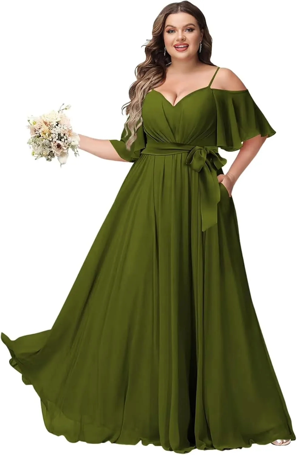 Women Plus Size Cold Shoulder Bridesmaid Dresses 2025 with Slit Chiffon Formal Party Dresses with Pockets DE52