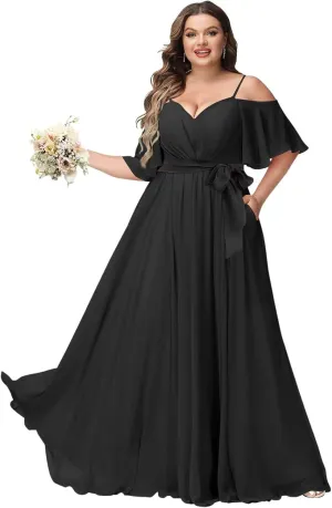 Women Plus Size Cold Shoulder Bridesmaid Dresses 2025 with Slit Chiffon Formal Party Dresses with Pockets DE52