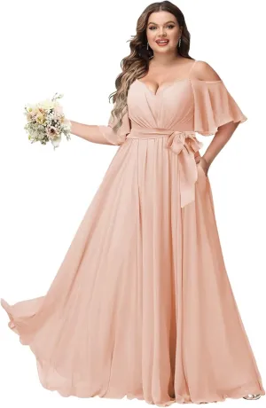 Women Plus Size Cold Shoulder Bridesmaid Dresses 2025 with Slit Chiffon Formal Party Dresses with Pockets DE52