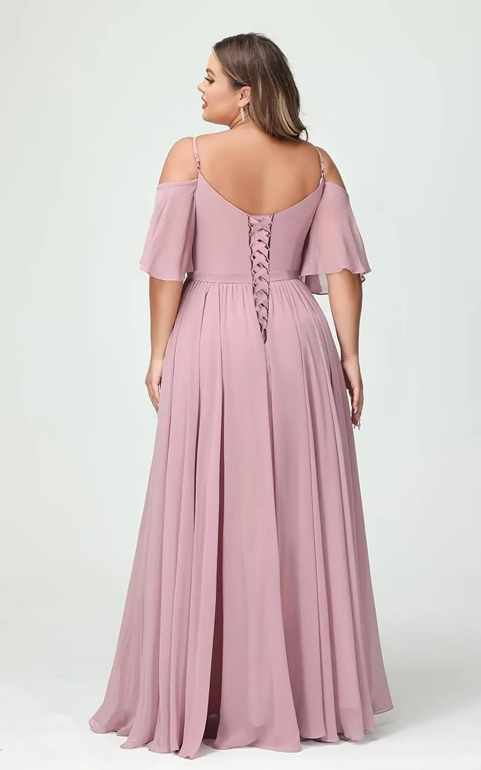 Women Plus Size Cold Shoulder Bridesmaid Dresses 2025 with Slit Chiffon Formal Party Dresses with Pockets DE52