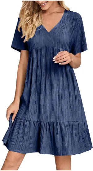 Women Ruffle Tiered Layered Flowy A Line Dresses Short Sleeve V Neck Summer Dress Holiday Casual Beach Sundress