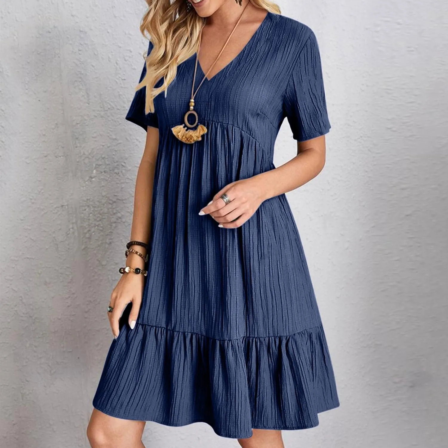 Women Ruffle Tiered Layered Flowy A Line Dresses Short Sleeve V Neck Summer Dress Holiday Casual Beach Sundress
