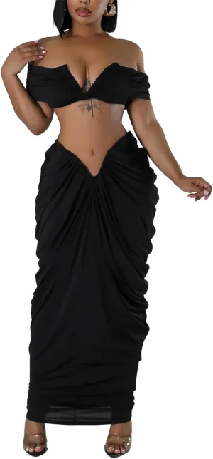 Women Sexy Club Party Outfits 2 Piece Off Shoulder Tube Top Ruched Maxi Skirt Set Going Out
