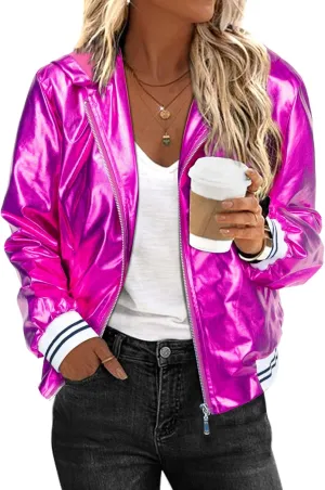 Women Silver Metallic Holographic Glitter Jacket Sparkly Zipper Hooded Concert Rave Party Bomber Jackets with Pocket