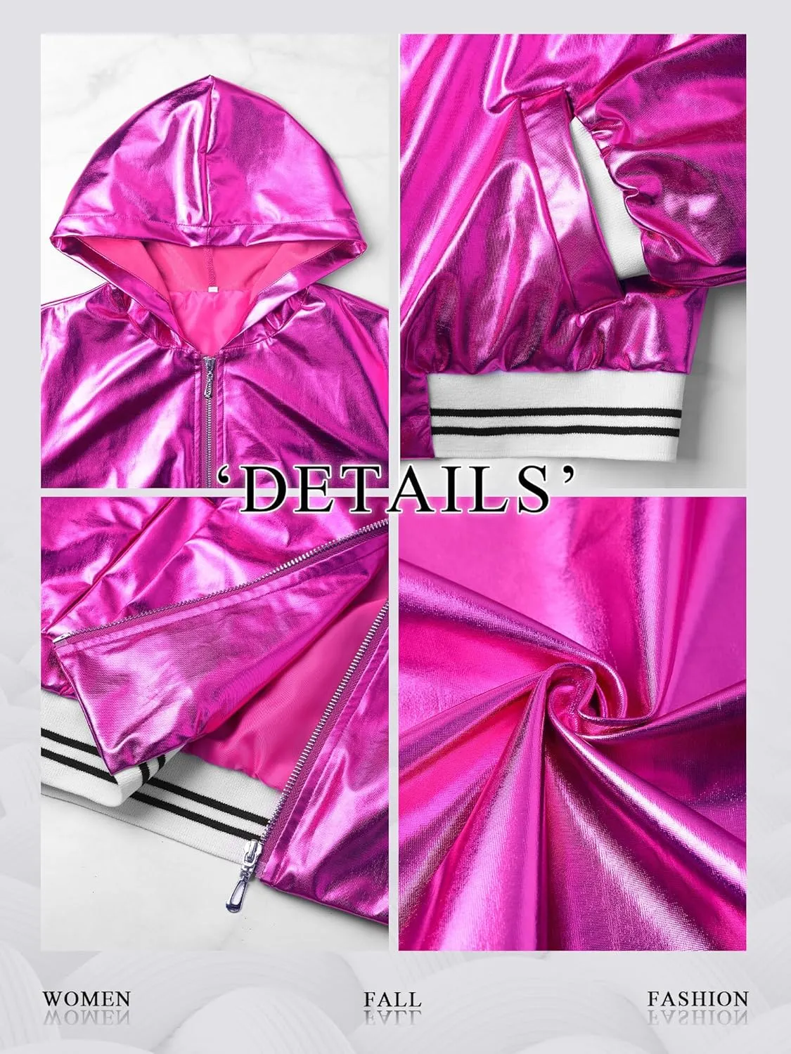 Women Silver Metallic Holographic Glitter Jacket Sparkly Zipper Hooded Concert Rave Party Bomber Jackets with Pocket