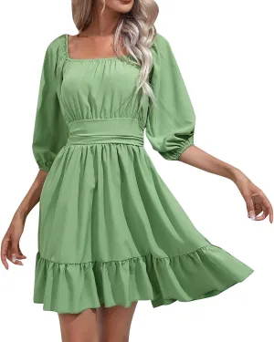 Women Summer Casual Short Lantern Sleeve Square Neck A-Line Flowy Boho Mini Dress 2025 Trendy Beach Travel Clothes