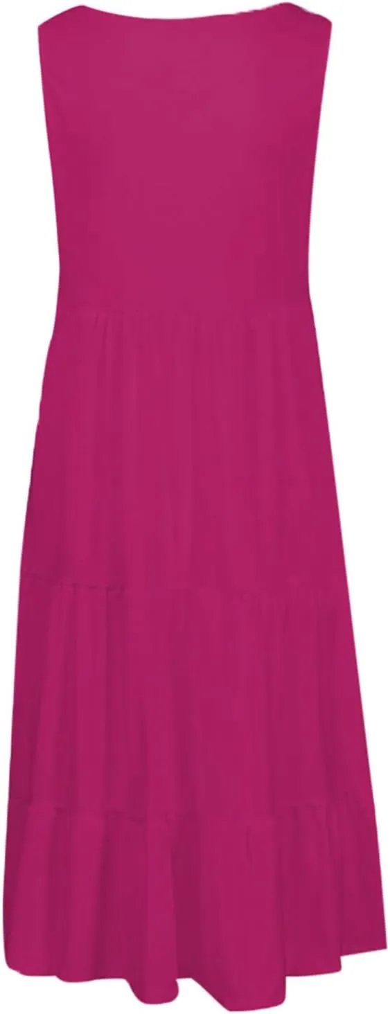 Women Summer Dresses Plus Size Casual Sleeveless Boho Midi Dress Crewneck Ruffle Tiered Swing Beach Vacation Dress