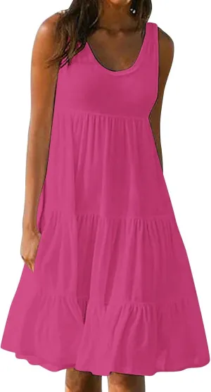 Women Summer Dresses Plus Size Casual Sleeveless Boho Midi Dress Crewneck Ruffle Tiered Swing Beach Vacation Dress