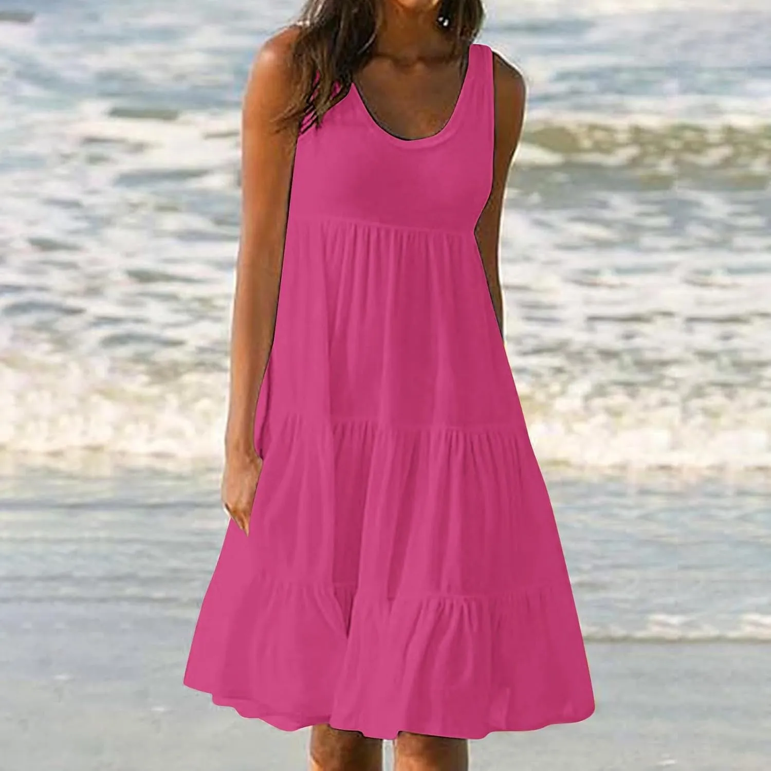 Women Summer Dresses Plus Size Casual Sleeveless Boho Midi Dress Crewneck Ruffle Tiered Swing Beach Vacation Dress
