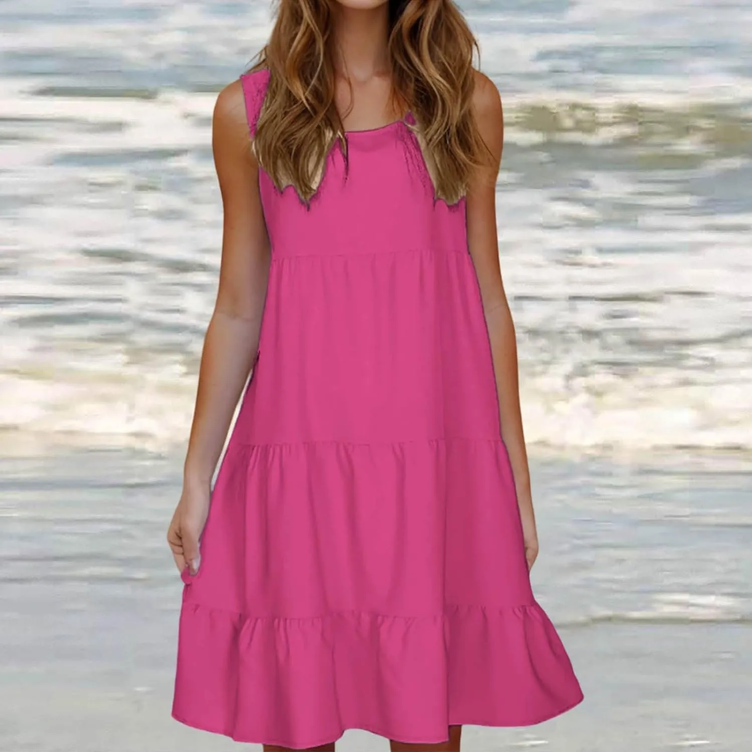 Women Summer Dresses Plus Size Casual Sleeveless Boho Midi Dress Crewneck Ruffle Tiered Swing Beach Vacation Dress