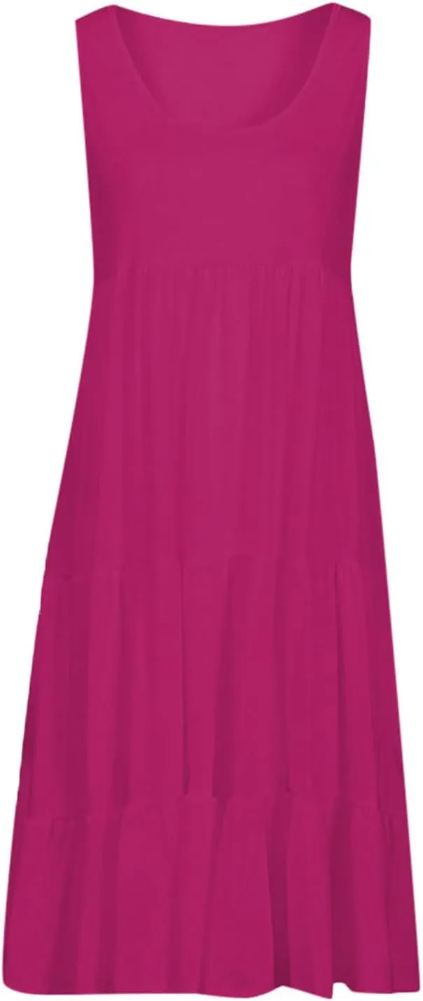 Women Summer Dresses Plus Size Casual Sleeveless Boho Midi Dress Crewneck Ruffle Tiered Swing Beach Vacation Dress