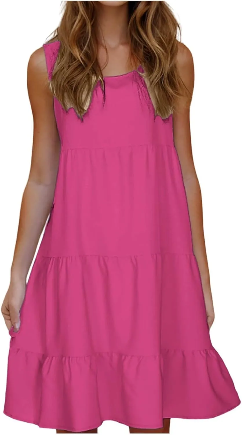 Women Summer Dresses Plus Size Casual Sleeveless Boho Midi Dress Crewneck Ruffle Tiered Swing Beach Vacation Dress