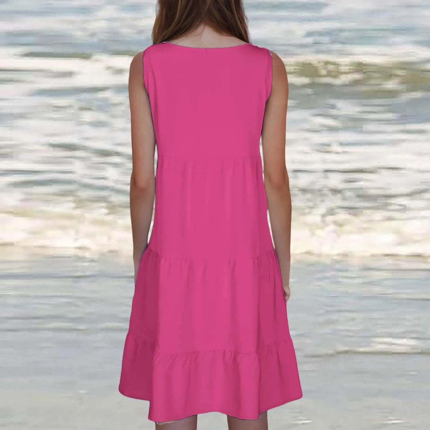 Women Summer Dresses Plus Size Casual Sleeveless Boho Midi Dress Crewneck Ruffle Tiered Swing Beach Vacation Dress