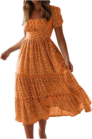 Women Summer Dresses Short Sleeve Square Neck Puff Dress High Waist Smocked A-Line Flowy Tiered Beach Maxi Dress