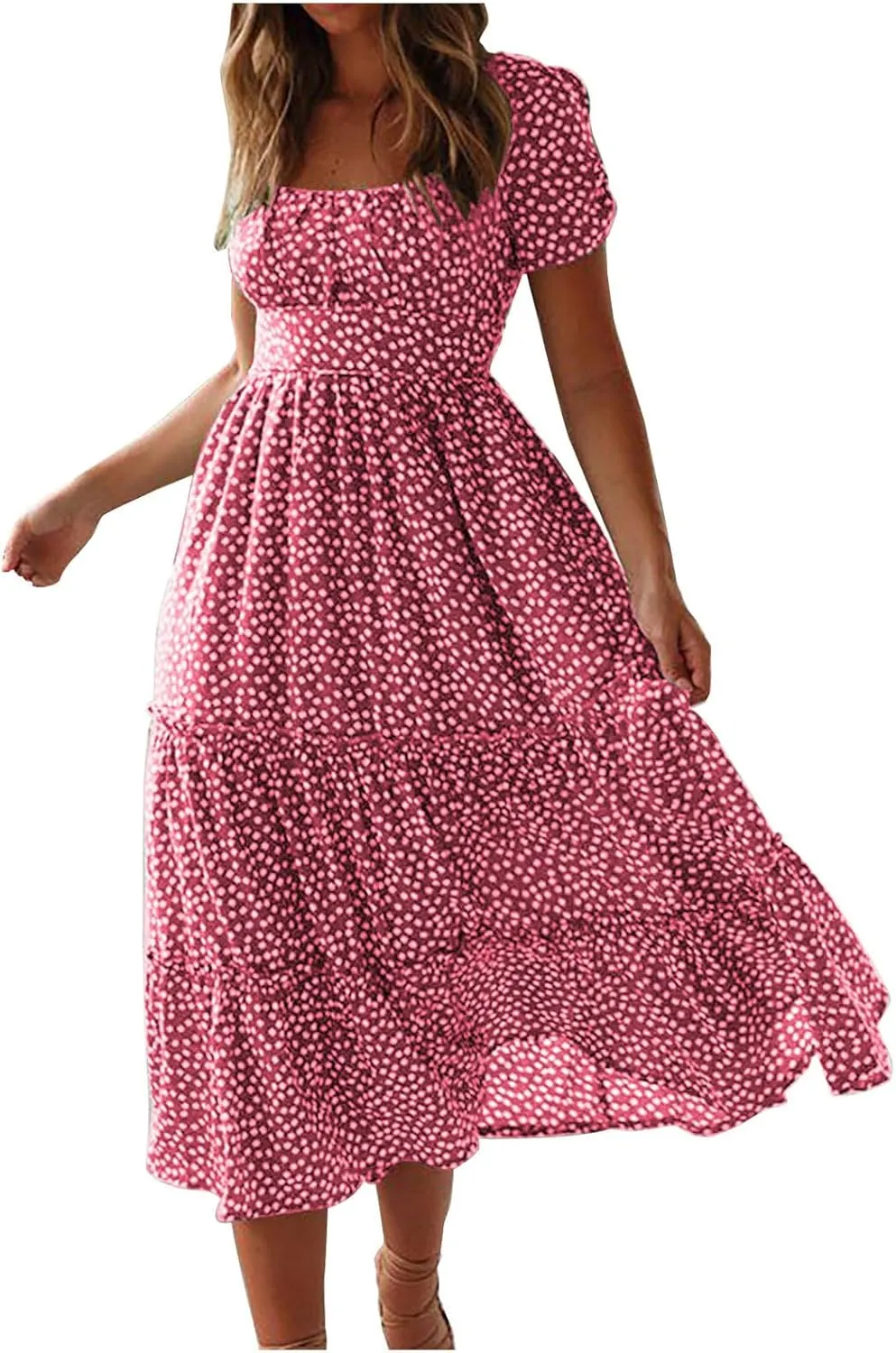 Women Summer Dresses Short Sleeve Square Neck Puff Dress High Waist Smocked A-Line Flowy Tiered Beach Maxi Dress