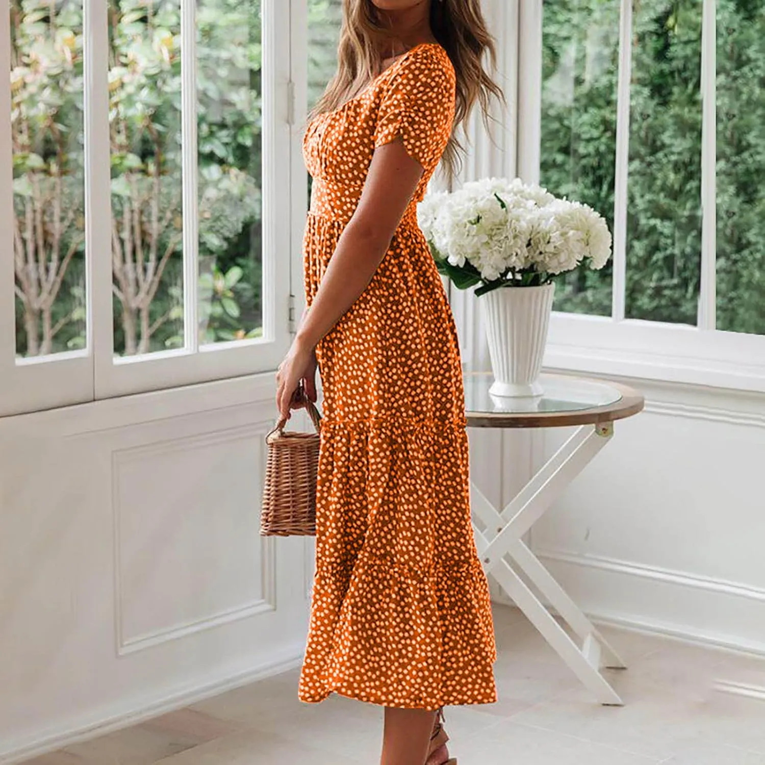 Women Summer Dresses Short Sleeve Square Neck Puff Dress High Waist Smocked A-Line Flowy Tiered Beach Maxi Dress