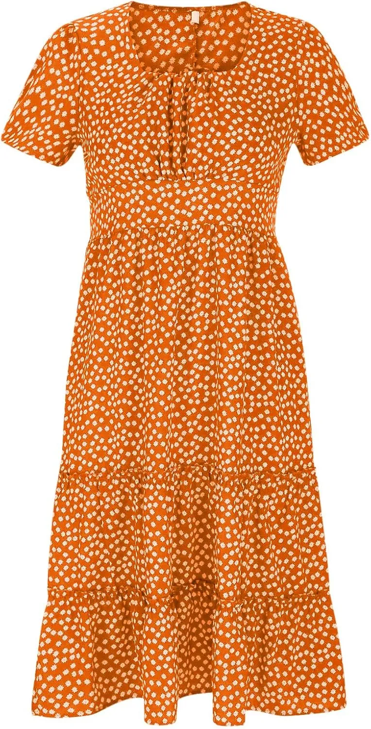 Women Summer Dresses Short Sleeve Square Neck Puff Dress High Waist Smocked A-Line Flowy Tiered Beach Maxi Dress