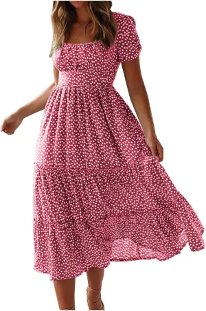 Women Summer Dresses Short Sleeve Square Neck Puff Dress High Waist Smocked A-Line Flowy Tiered Beach Maxi Dress