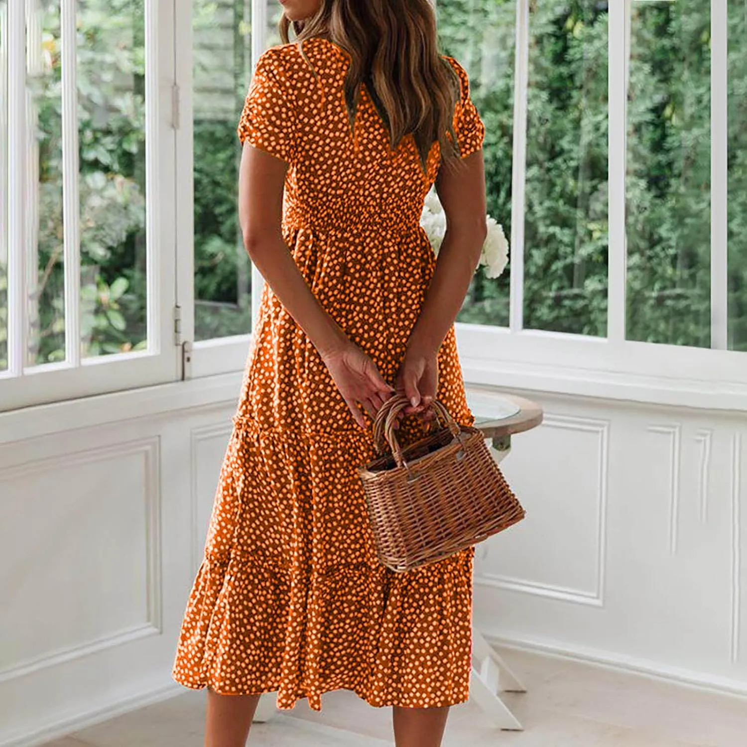 Women Summer Dresses Short Sleeve Square Neck Puff Dress High Waist Smocked A-Line Flowy Tiered Beach Maxi Dress
