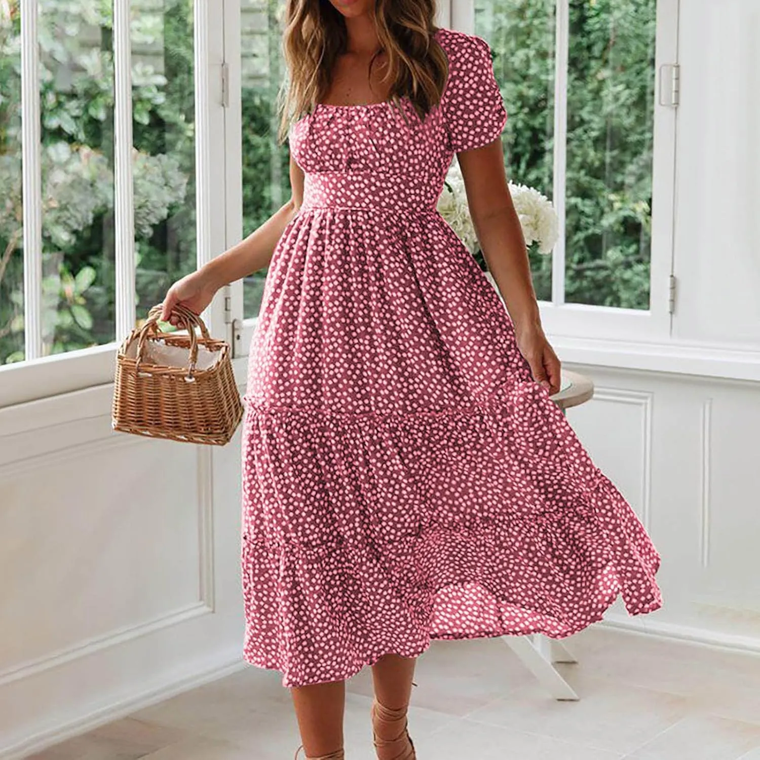 Women Summer Dresses Short Sleeve Square Neck Puff Dress High Waist Smocked A-Line Flowy Tiered Beach Maxi Dress