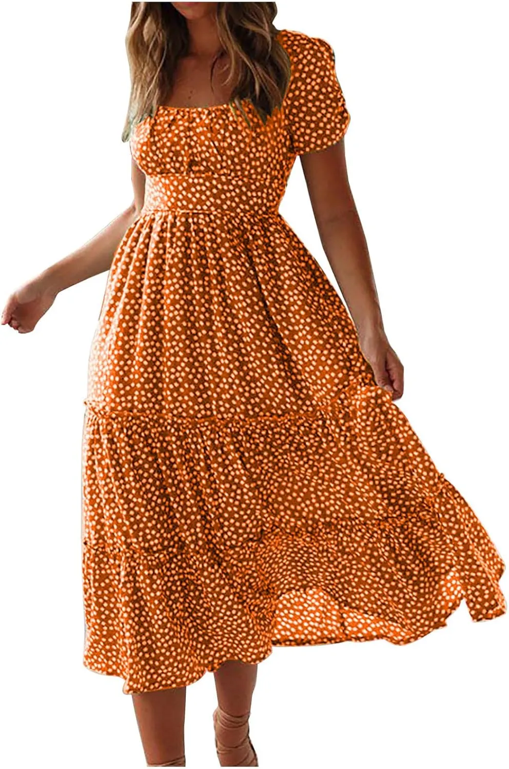 Women Summer Dresses Short Sleeve Square Neck Puff Dress High Waist Smocked A-Line Flowy Tiered Beach Maxi Dress