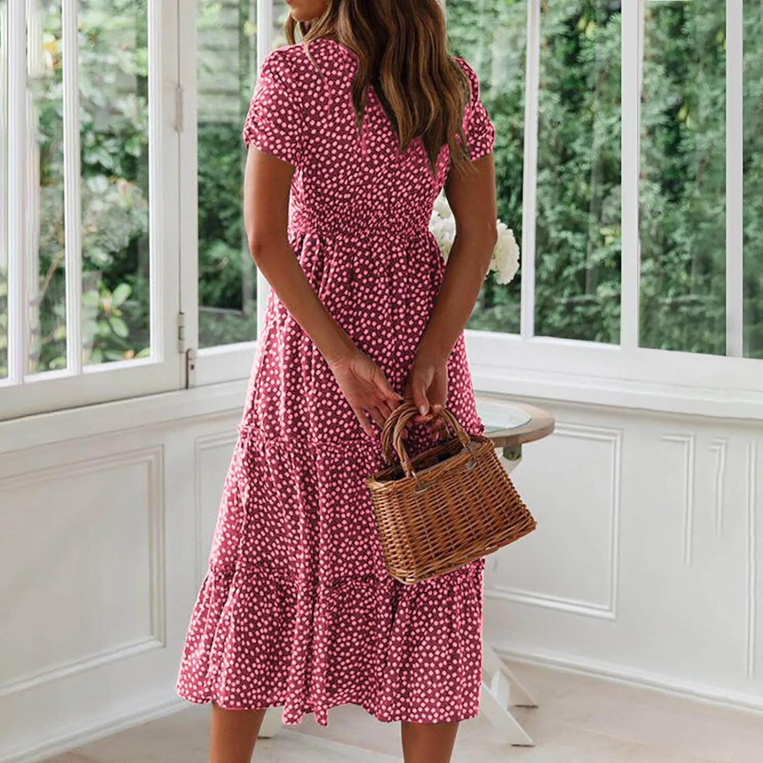 Women Summer Dresses Short Sleeve Square Neck Puff Dress High Waist Smocked A-Line Flowy Tiered Beach Maxi Dress