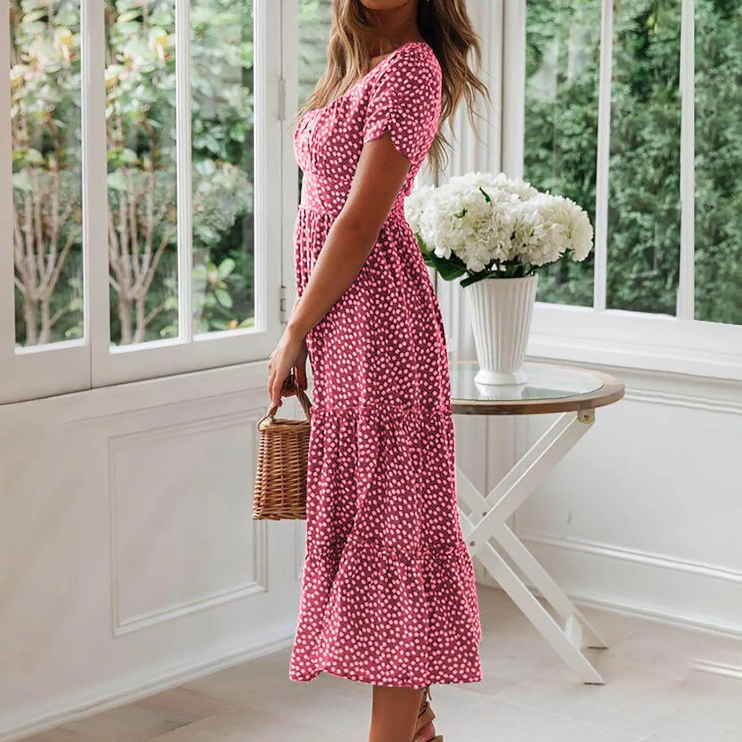 Women Summer Dresses Short Sleeve Square Neck Puff Dress High Waist Smocked A-Line Flowy Tiered Beach Maxi Dress