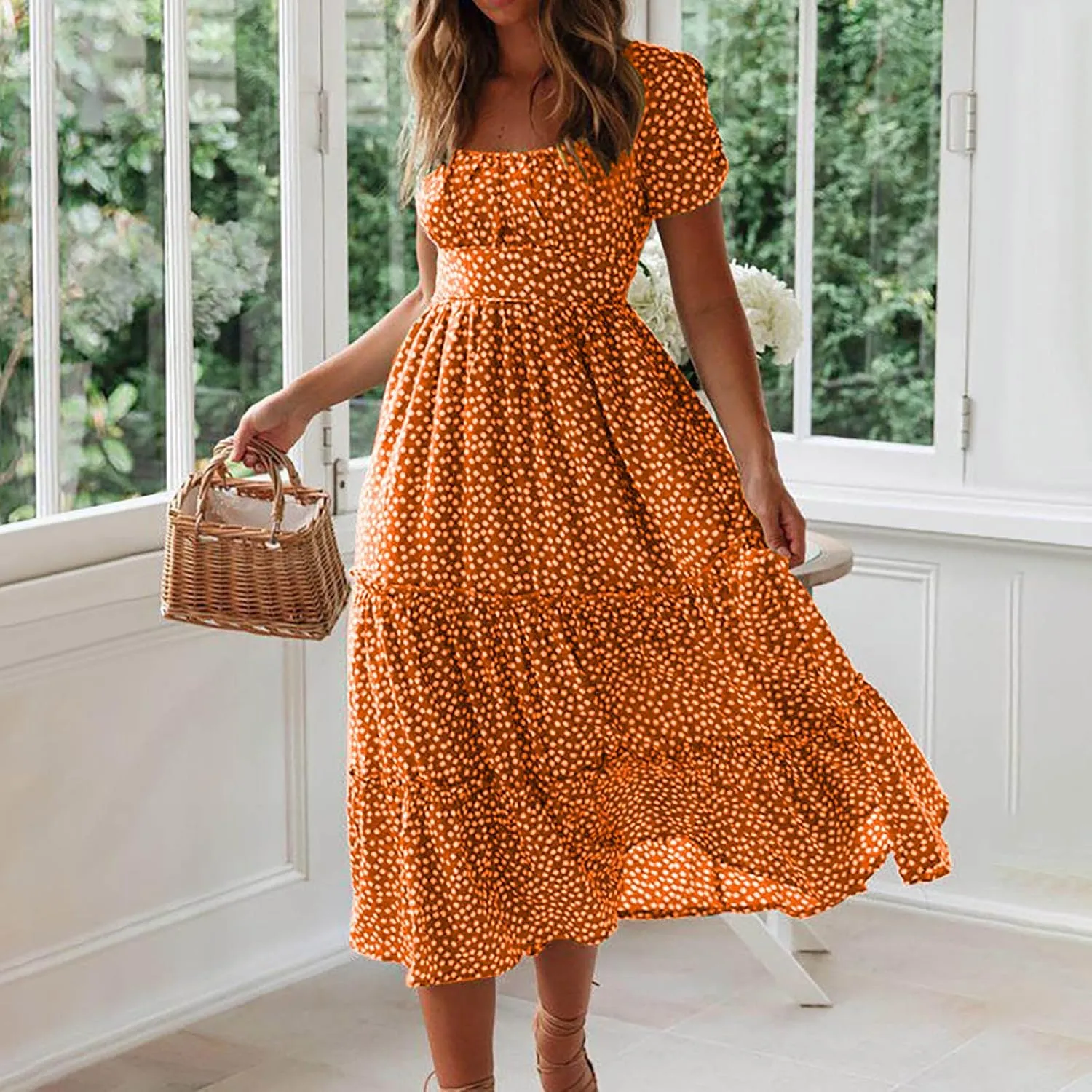 Women Summer Dresses Short Sleeve Square Neck Puff Dress High Waist Smocked A-Line Flowy Tiered Beach Maxi Dress