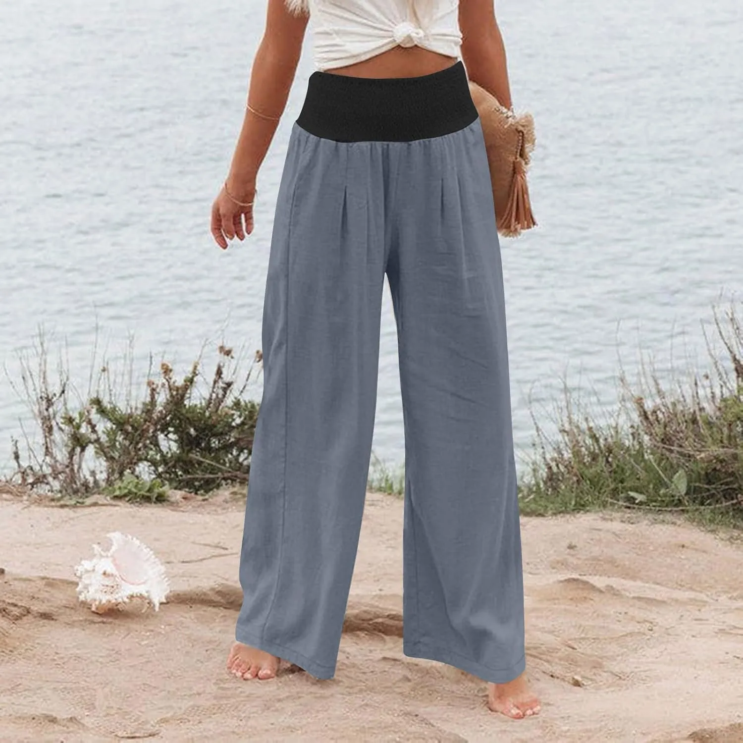 Women Summer High Waisted Cotton Linen Palazzo Pants High Waisted Wide Leg Pants Boho Lounge Trousers with Pocket