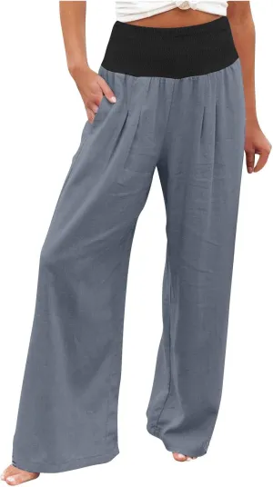 Women Summer High Waisted Cotton Linen Palazzo Pants High Waisted Wide Leg Pants Boho Lounge Trousers with Pocket