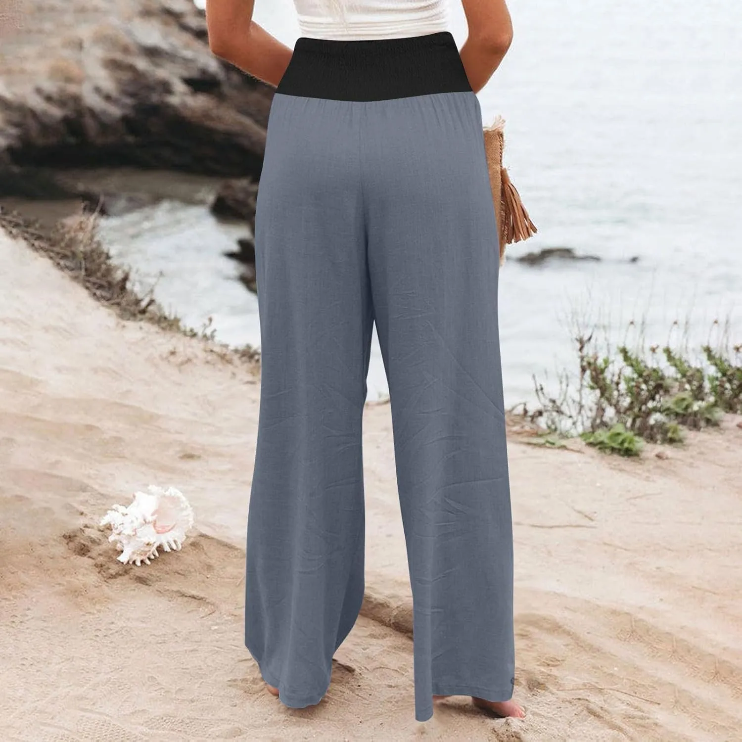Women Summer High Waisted Cotton Linen Palazzo Pants High Waisted Wide Leg Pants Boho Lounge Trousers with Pocket