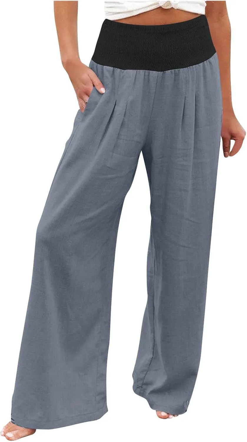 Women Summer High Waisted Cotton Linen Palazzo Pants High Waisted Wide Leg Pants Boho Lounge Trousers with Pocket